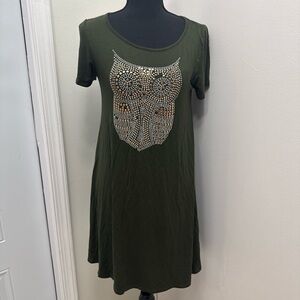 Embellished Owl Mini Dress in Green